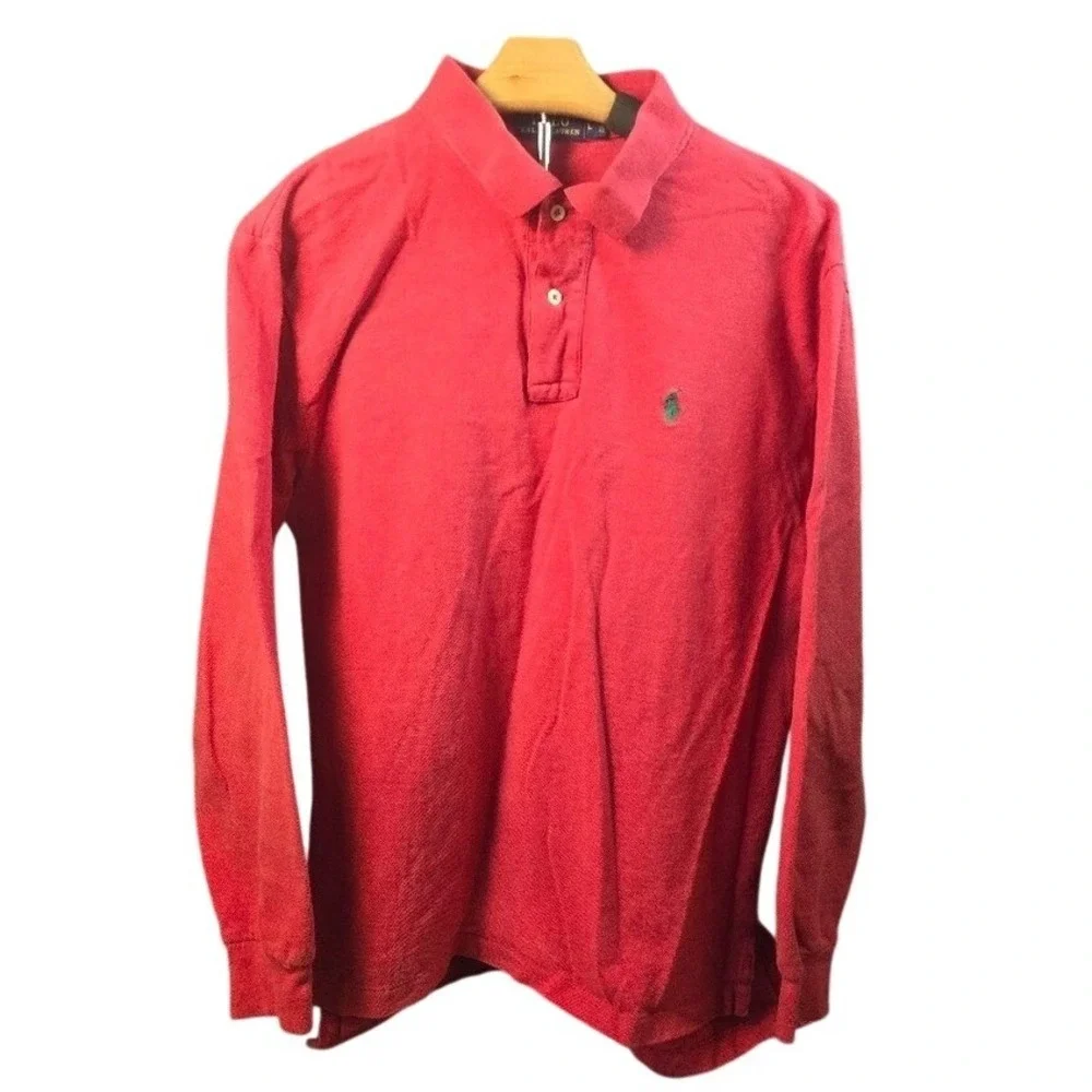 Polo Ralph Lauren Mens Long Sleeve Polo Shirt Red Pique Cotton Pony Logo Large